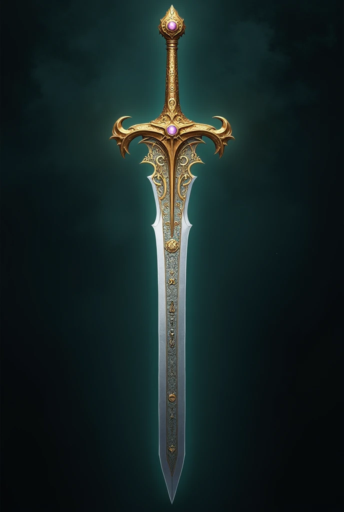 elven style dragon long sword, with golden handle and silver blade with symbols with jewel in the middle of the handle.