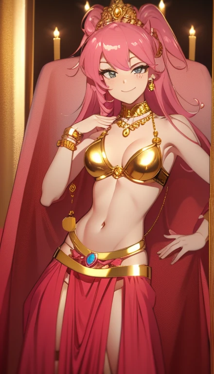 A smug narcissistic pink haired goddess wearing a golden bra and golden pants and lots of jewelry covering every part of her body with gold gems and all kinds of jewelry flaunting herself showing off