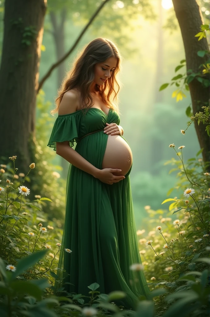 gestante, 9 meses, woods scenery, long green dress