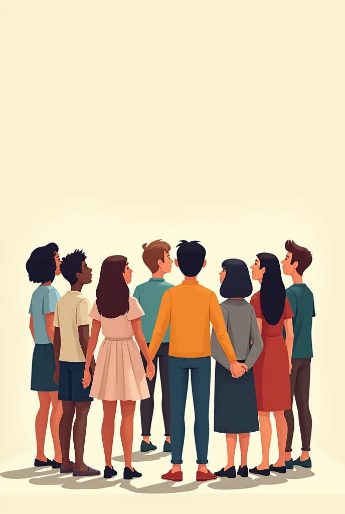 Please give me a cartoon image of 9 persons facing with their backs while holding hands and looking up.