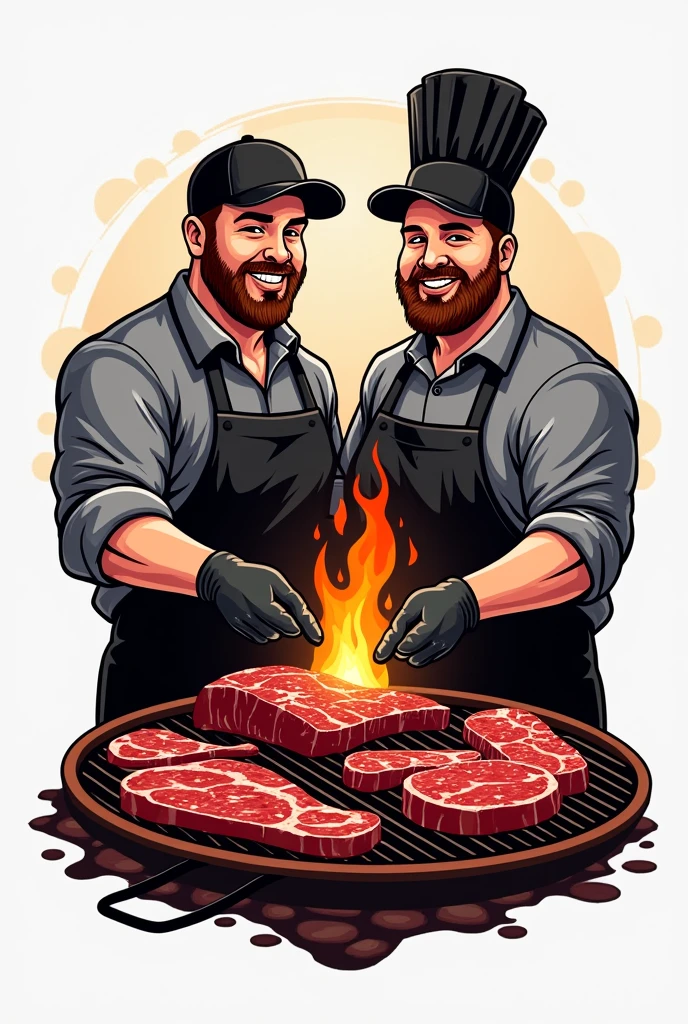 Create a professional logo  ,  with a barbecue theme on the grill , special cuts of meat , two people , de avental preto , gloves and caps , two brothers in drawing , one of the two chubby brothers , a little less realistic 