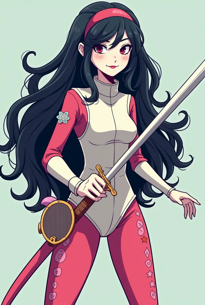 A woman who looks like Marceline, but with white skin with dimples on her face and without the pointy teeth hot cartoon version holding a fencing sword and fencing outfit