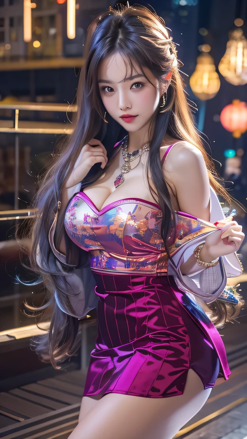 (8k, RAW Photos, Highest quality, masterpiece:1.2、RAW Photos)、1 female、2 、high school girl、Very detailed、Super Resolution、Natural color lip、Heavy eye makeup、(Super mini skirt tight dress costume 1.2), Gorgeous Accessories、Straight hair、H cup breasts、Big Breasts:1.2、(Background of a high-end nightclub with a night view1.2)、(Dynamic Sexy Pose 1.2)、(Gorgeous Theme 1.2)、(With cleavage 1.2)