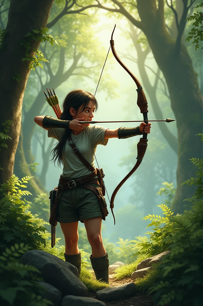 A girl in a forest shooting with a bow