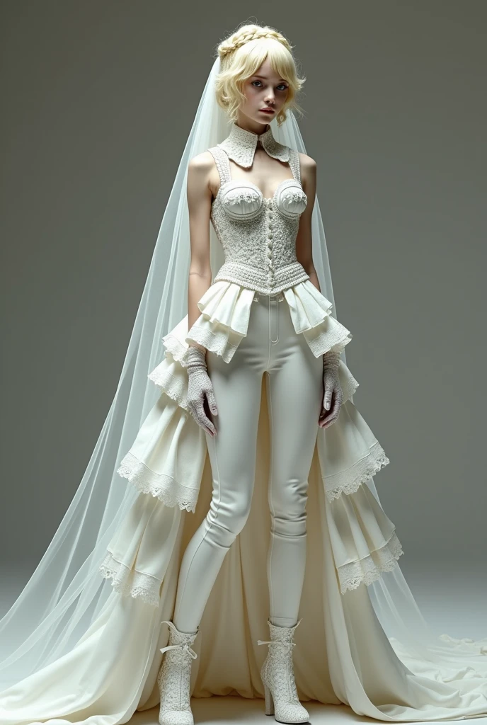 Young man, androgynous in appearance: Her skin is white and her hair is short, wavy, layered blonde., On top they hold some blonde braids, The groom's veil in layers of tulle Wear an outfit that fuses a dress with very tight white dress pants.
The pants are completed with a layered groom's dress train that starts at the waist with lots of elegant tulle and diamonds..
The top of the dress is complete from waist to neck., imperial collar with jabot ruffles, sleeveless, non-transparent decorated with sewn diamonds and lace on the front.
The ensemble is complemented by a layered bridal veil., long, guantes de encaje a los codos y botas long con listones