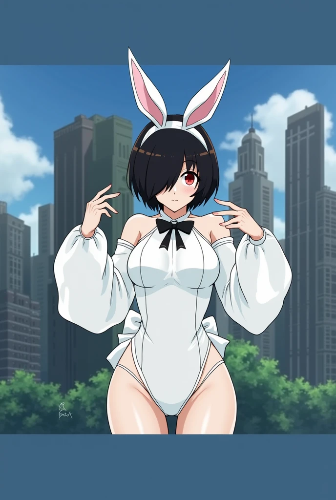 Anime Man with black hair Covering your red eyes in a white sexy bunny outfit With bow tie with big thighs in stockings