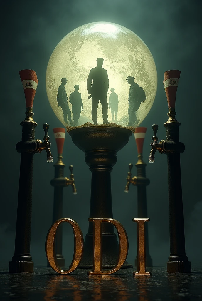 Orb surrounded by black taps with flags of Latin countries  , Inside the globe are soldiers from the First World War and in front of it the name ODI in gold 