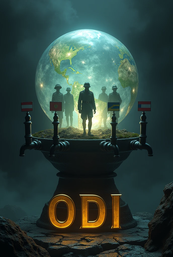 Orb surrounded by black taps with flags of Latin countries , Inside the globe are soldiers from the First World War and in front of it the name ODI in gold