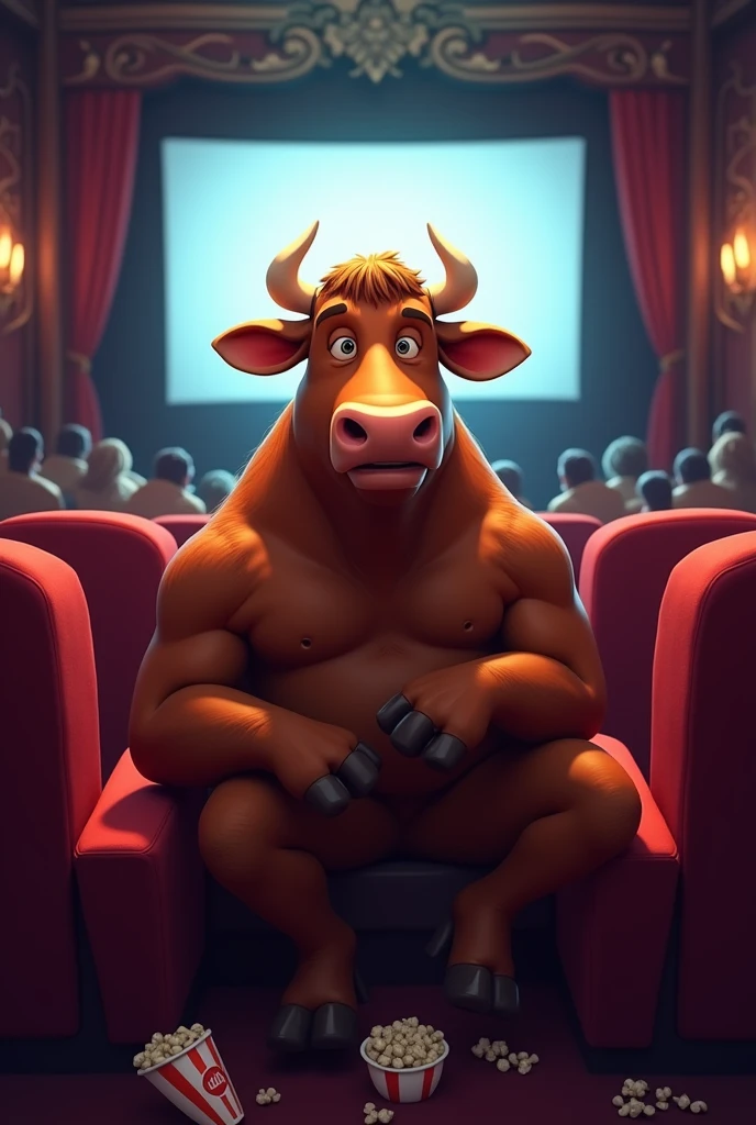 Animated bull drawing watching a movie in a cinema