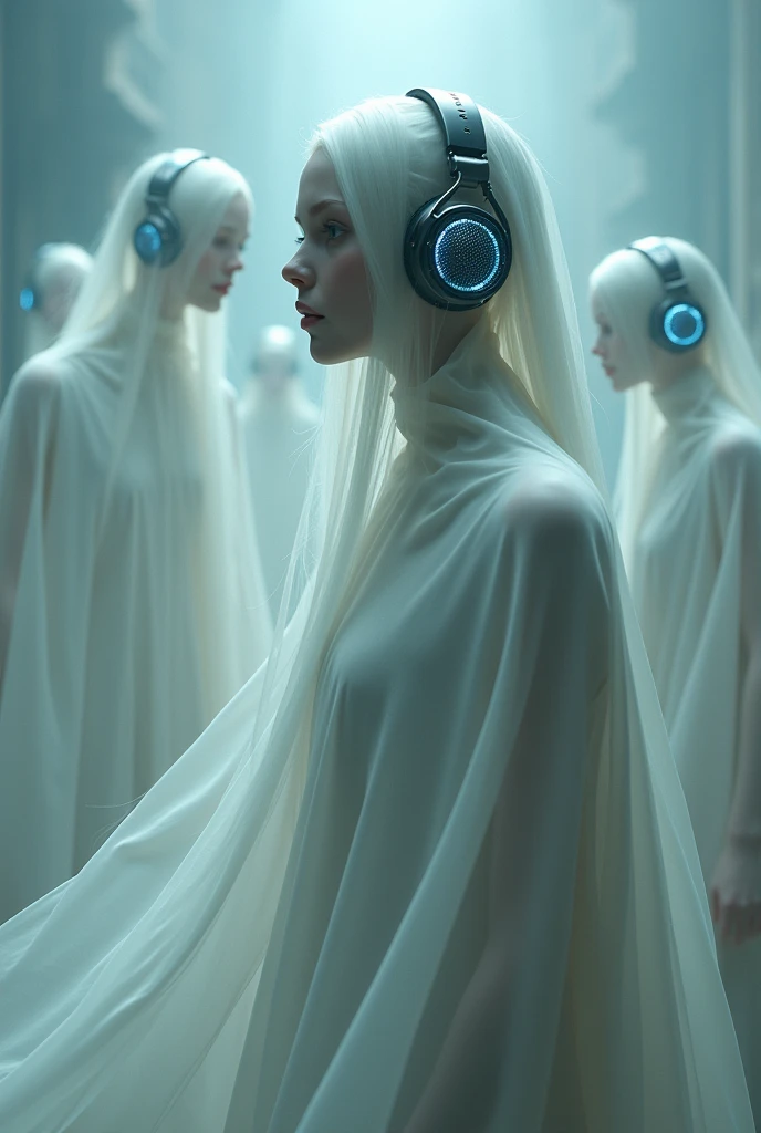 Ghosts wearing headphones 

