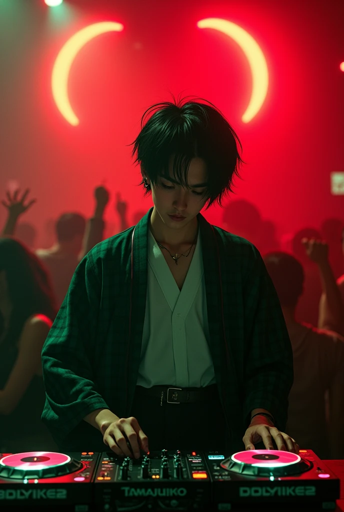 A young male DJ dressed as Tanjiro Kamado from Demon Slayer performing at a nightclub. He has short dark hair with a side fringe, a prominent scar on his forehead, and is wearing a dark green and black checkered haori over a white shirt. His iconic hanafuda earrings are visible. He's standing behind a DJ deck with turntables and lit-up controls, mixing music with a determined expression. The background shows a crowded dance floor with silhouettes of people. Two large crescent moons are visible in the red sky above, reminiscent of Demon Slayer's aesthetics. The scene is bathed in a red and green neon glow, creating a blend of traditional Japanese and modern club atmosphere. Photorealistic style, dynamic lighting, night club setting.((masterpiece, Giant , ))), photographrealism, High Contrast, photographRealist, photograph, masterpiece, Realist, realism, photographrealism, High Contrast, photographRealist digital art trend on Artstation 8k HD high definition detailed Realist, detailed, Skin Texture, hyperdetailed, Realist Skin Texture, Highest quality, ultra High resolution, (photographRealist: 1.4), High resolution, detailed, raw photograph, Sharp Fire, Kodak Portra 400 Camera F1 Lens.6 rich colors hyper Realist texture dramatic lighting irrealengine trend in artstation cinestill 800.