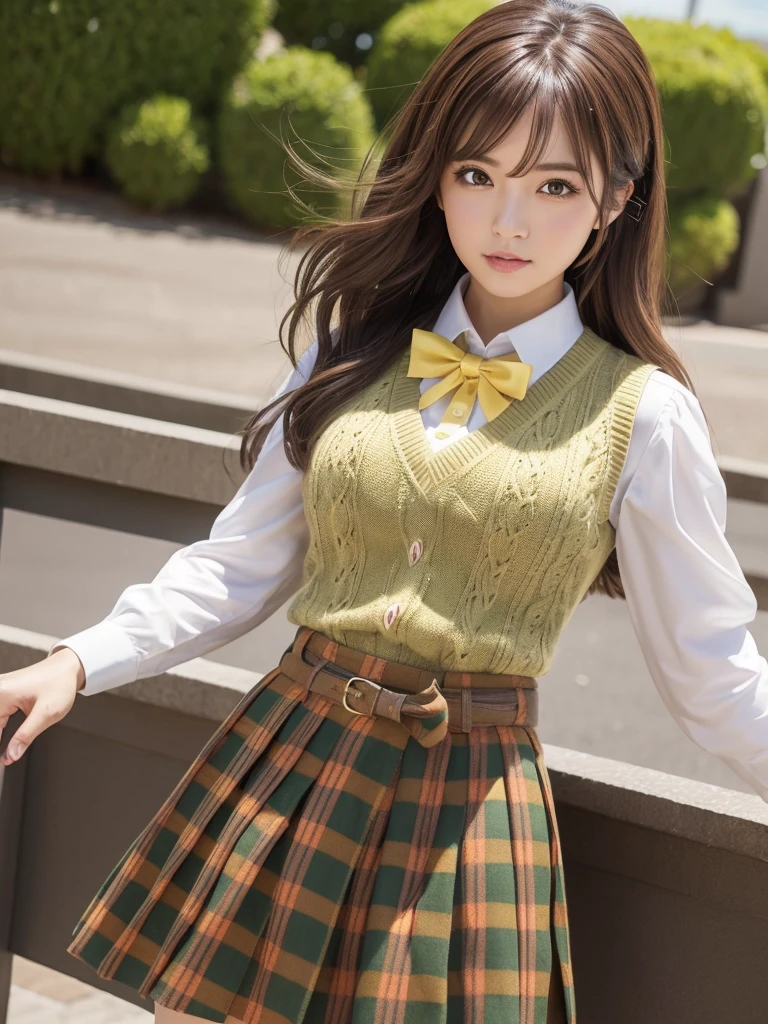 Masterpiece, best quality, ai-generated,official art,dragon ball,1girl, solo,standing_split,
Mikan Yuuki, brown eyes, brown hair, hair ornament,long hair,green plaid skirt, sainan high , , white shirt, yellow sweater vest