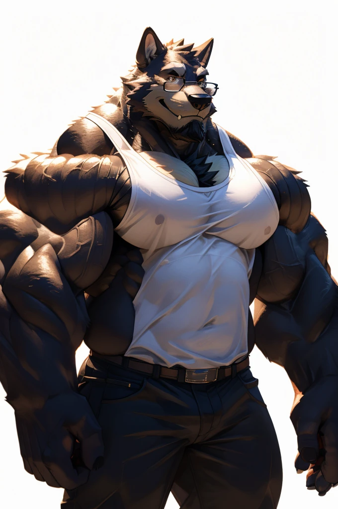 1boy, 1man, solo, a (furry incineroat) standing, (face, detailed face, glasses), white background , front view, massive muscular , sixpack, (white tanktop and black pants), well-muscled old man. ((thick arms, huge pec, huge arms)), wide smiling. Add textures and details to make the image more realistic, such as the appearance of the. Make sure the resulting image is high resolution, 8K quality