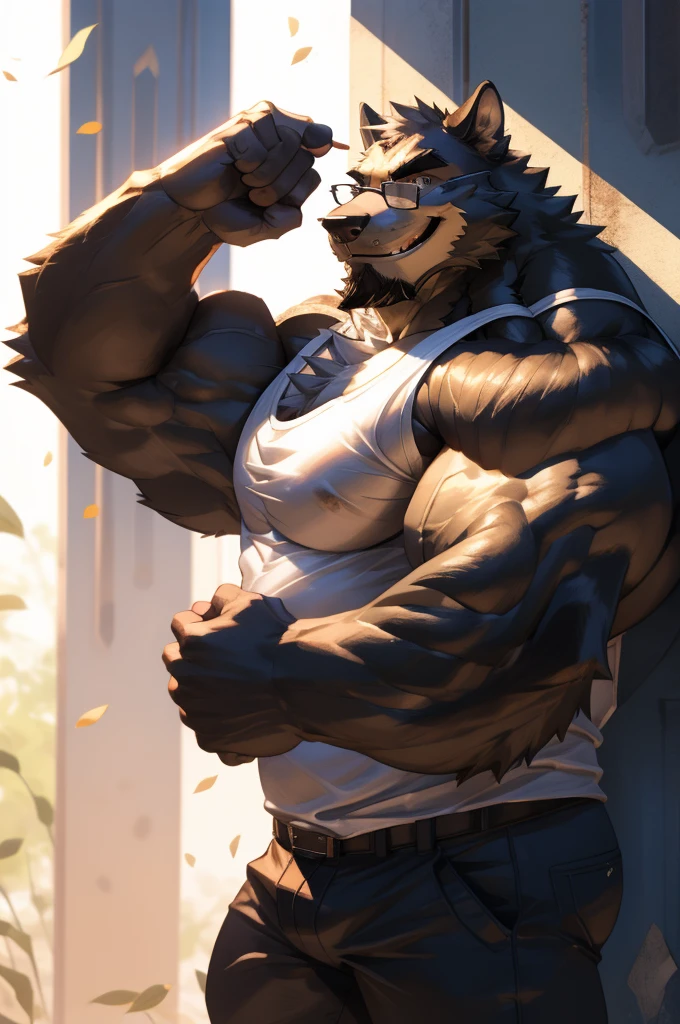 1boy, 1man, solo, a (furry incineroat) standing, (face, detailed face, glasses), white background , front view, massive muscular , sixpack, (white tanktop and black pants), well-muscled old man. ((thick arms, huge pec, huge arms)), wide smiling. Add textures and details to make the image more realistic, such as the appearance of the. Make sure the resulting image is high resolution, 8K quality