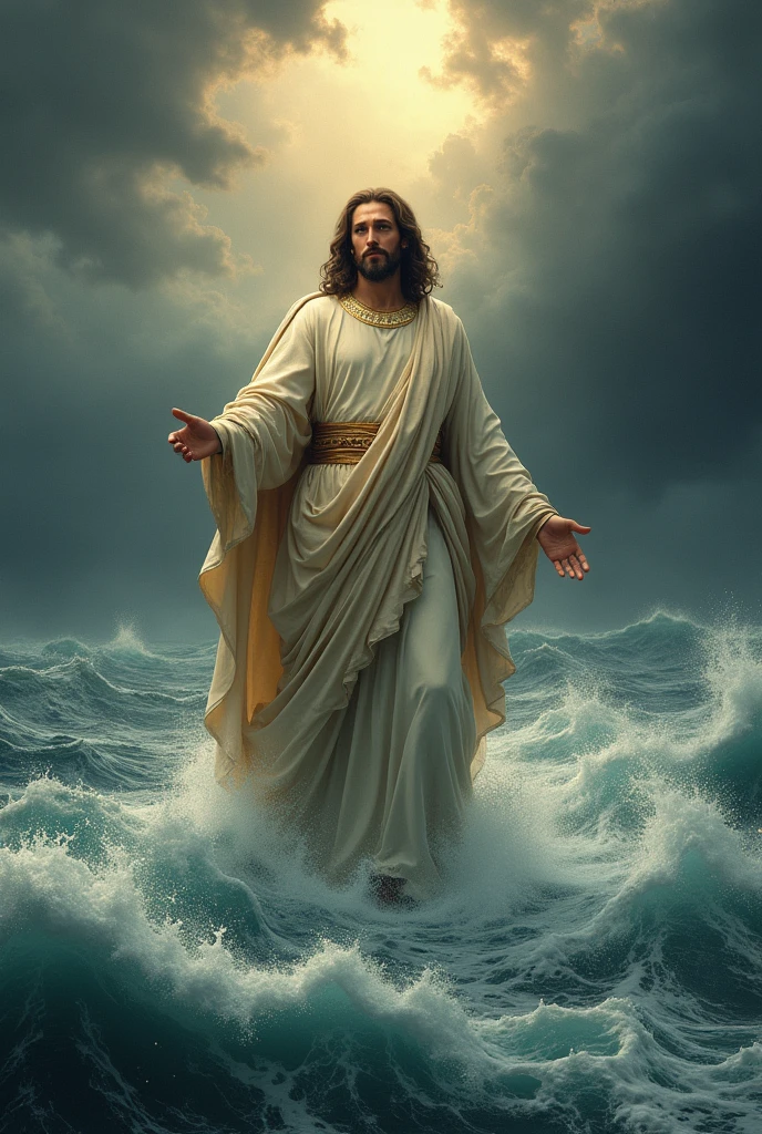 (photorealism:1.2), Jesus Christ, standing on the waters of the sea, wearing a robe, in the middle of a storm, calm, smiling at me, looking at me, directing his hand forward, inviting me to take his hand, realistic, intricate details, warm colors, by Greg Rutkowski, by Alphonse Mucha