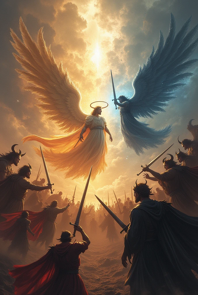  Battle in the sky; on one side Michael in bright robes accompanied by his angels and on the other side the Devil in black robes accompanied by angels dressed in black clothes. All having swords in their hands. 