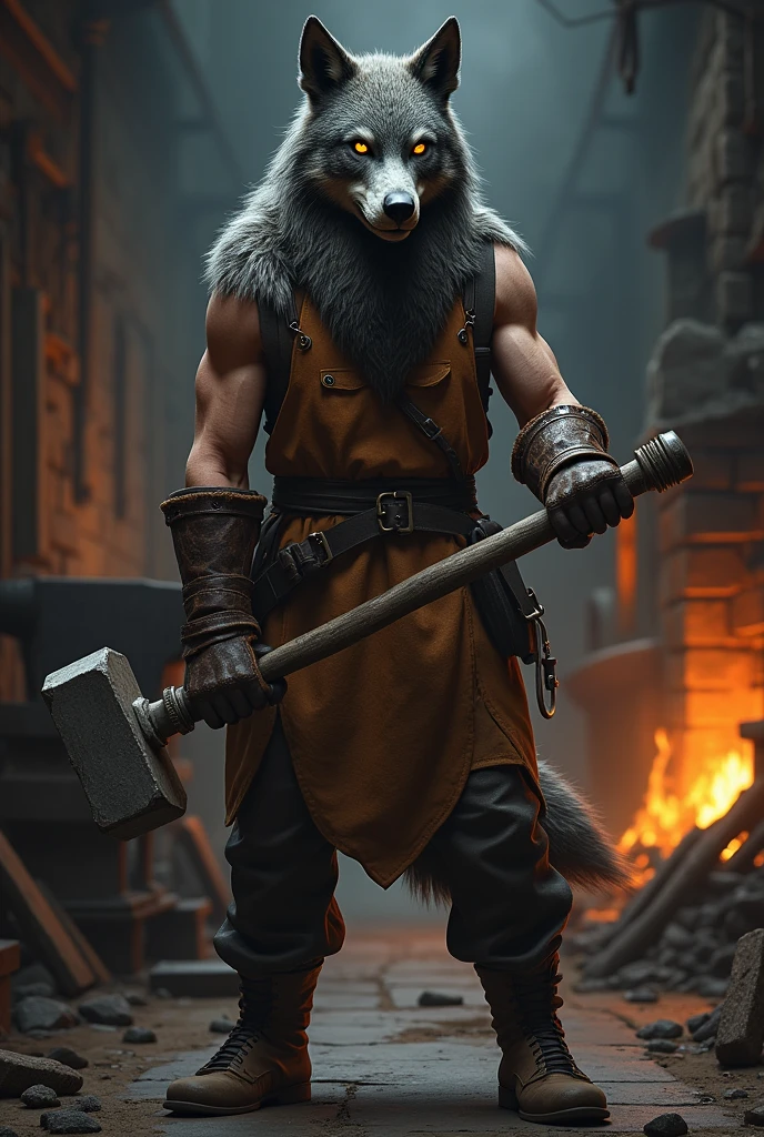 A young adult in a blacksmith suit with a hammer With a wolf mask
