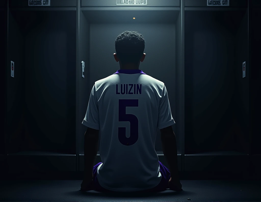 mysterious player sitting in the locker room ( the cabin must contain a sign with the name GALADOS CITY ) in the cabin it must contain the shirt of this player which is white with minimalist purple details on the collar and on the sleeve the shirt number is five with the name of the player which is LUIZIN. The mystery player should not be visible, only his silhouette should be visible.. All ambient light must be off, only one light must be on above the sign so that only the team's shirt and sign are visible..