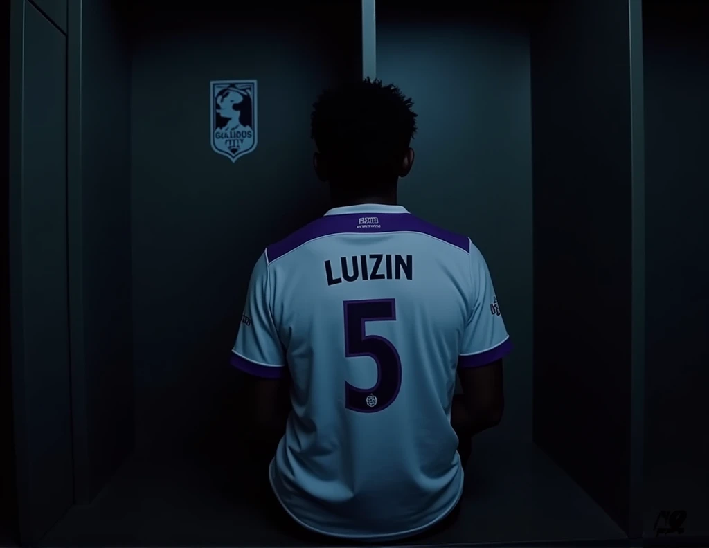 mysterious player sitting in the locker room ( the cabin must contain a sign with the name GALADOS CITY ) in the cabin it must contain the shirt of this player which is white with minimalist purple details on the collar and on the sleeve the shirt number is five with the name of the player which is LUIZIN. The mystery player should not be visible, only his silhouette should be visible.. All ambient light must be off, only one light must be on above the sign so that only the team&#39;s shirt and sign are visible..