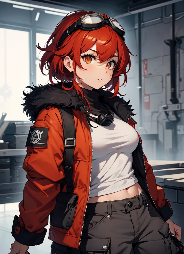 best quality, ultra-high resolution, depth of field:1.2), solo, adult, 1woman, toned body, big breasts, wide hips,front view, perfect face, portrait, expressive eyes, Female, girl with (goggles on head:1.2) female, meduim breasts,lady_nagant, short hair, red hair,orange eyes,red jacket with black details, ( white fur jacket: 1.2),winter clothes, white t-shirt, ((gray baggy cargo pants)), black military boots ((small details in red))