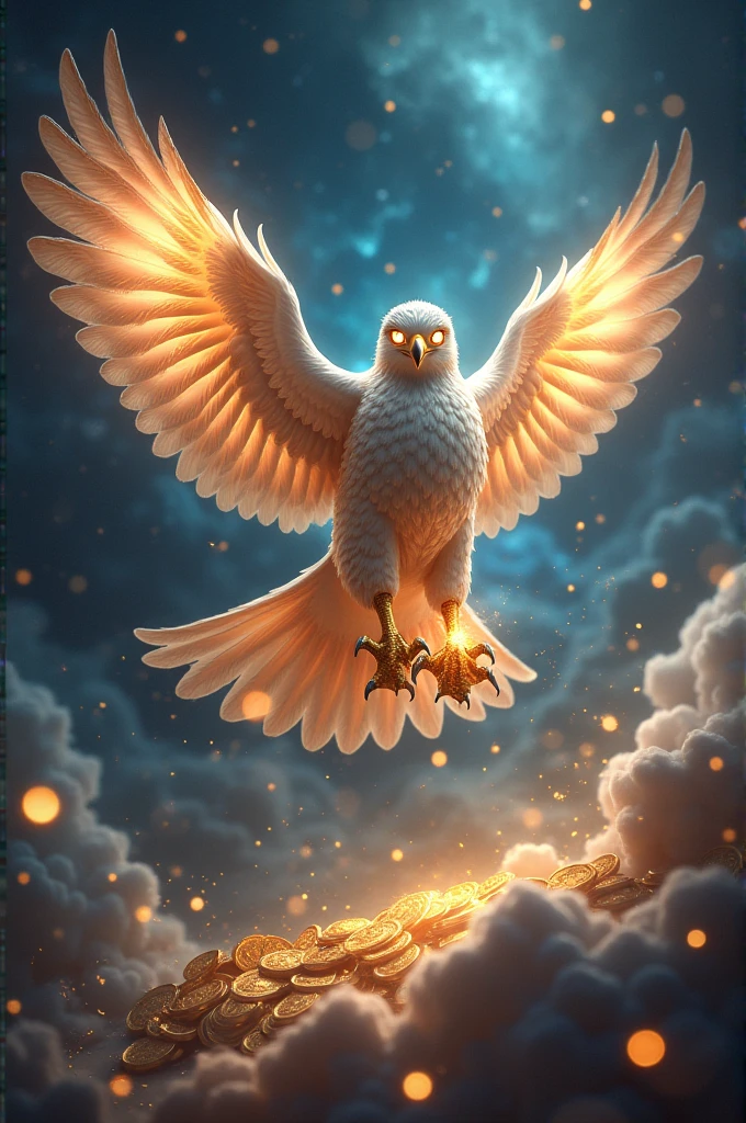 A celestial falcon with money and representation of luck
