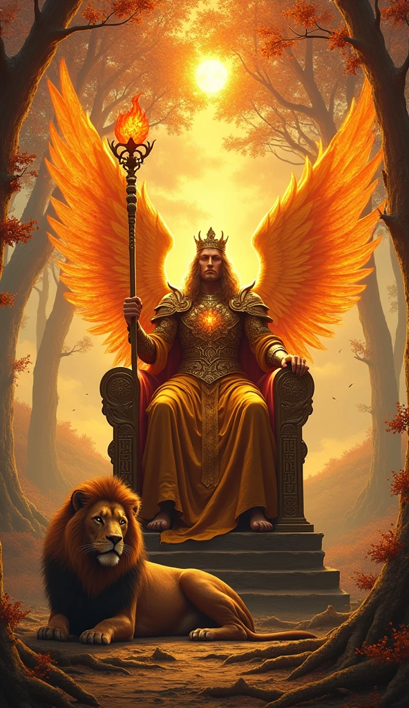 Create a hyper-realistic and striking image for the King of Staffs in the Lumen Angelis Tarot deck. The scene features the King of Staffs, an imposing angelic figure, seated on a grand throne made of ancient, glowing wood, intricately carved with symbols of leadership, strength, and authority. The throne is surrounded by lush, verdant nature, with branches and vines adorned with fiery blossoms that pulsate with golden light, symbolizing the King’s connection to the elements of life and fire.
The King himself is depicted with a commanding yet benevolent presence. His armor gleams with a polished bronze hue, etched with intricate designs of flames and ancient runes, symbolizing wisdom and power. Over his armor, he wears a flowing cape made of celestial fabric that shimmers like molten lava, radiating a warm, golden glow. His wings, vast and majestic, stretch out behind him, glowing with an intense inner light that reflects his immense spiritual authority.
In his right hand, the King of Staffs holds a towering staff of light, rooted deeply in the ground but reaching up to the heavens. The staff is crowned with a brilliant, fiery sphere that blazes with pure energy, symbolizing the King’s dominion over both the spiritual and earthly realms. His left hand rests confidently on the arm of his throne, where a fierce lion with a flowing mane of fire lies beside him, its eyes glowing with loyalty and wisdom—a symbol of courage, protection, and the King’s ability to rule with both strength and compassion.
The background is a breathtaking landscape of rolling hills bathed in the golden light of dawn or dusk, with a sky ablaze in shades of orange, red, and gold. Tall, ancient trees with leaves of fire line the horizon, adding to the sense of awe and majesty that surrounds the King. The entire scene exudes an aura of power, leadership, and the divine right to rule, while maintaining a connection to the warmth and life that the King of Staffs embodies.
This image should captur