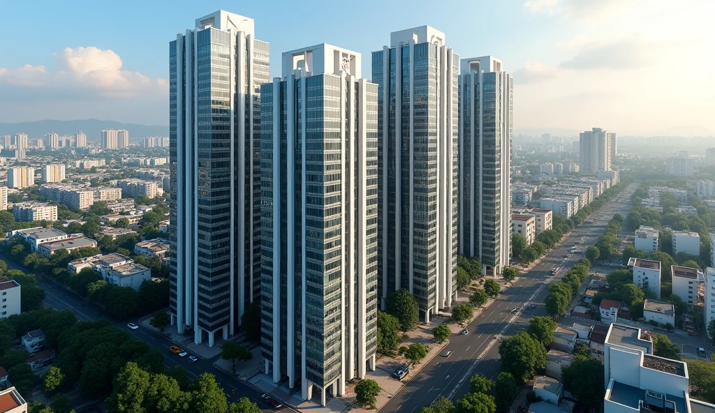 Generates 4 office buildings with heights of:
128, 123, 125 and 80 meters high with 33 floors.
 And 1 25-story residential building with a height of 80 meters high. 
The buildings are in a neighborhood and the only tourist thing that stands out are those 4 buildings. 
The image view is aerial panoramic