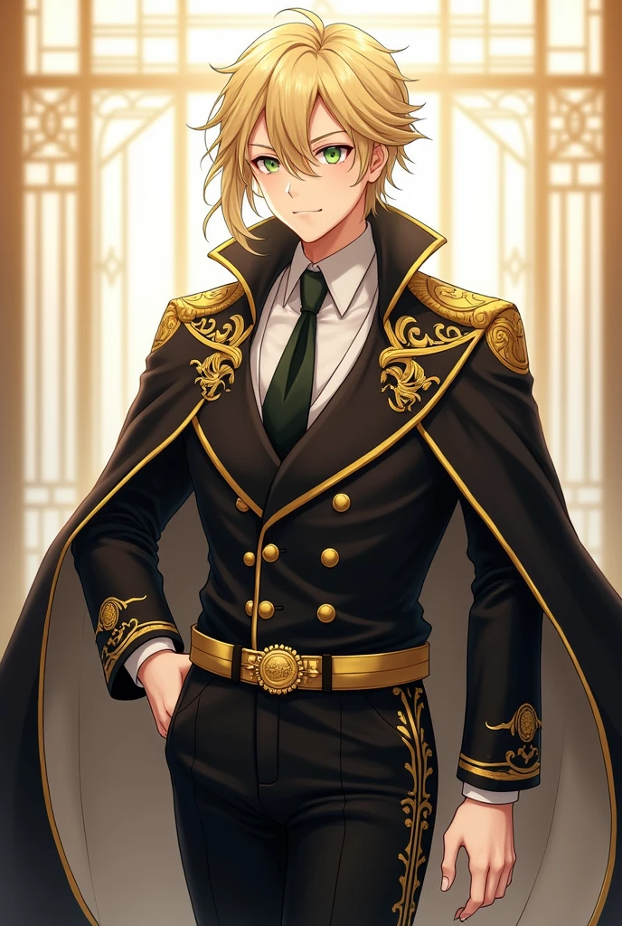 
17 ANIME BOY  NOBLE BOY WITH GREEN  EYES, BLONDE HAIR, DREESING .Shirt:
Style: Long-sleeved shirt with traditional or mandarin collar.
Fabric: High-quality satin or silk.
Main color: Black.
Details: Gold embroidery on collar and cuffs. Front placket may have discreet gold buttons. Shirt may have a small gold embroidered Solaria emblem on chest.
Accessories and accessories:
Blazer or Jacket:

Style: Fitted blazer with a classic cut.
Main color: Black.
Details: Gold embroidery on lapels, seams and buttons. Gold Solaria emblem on breast pocket.
Lining: Gold for a stylish contrast.
Pants:

Style: Slim-fit dress pants.
Main color: Black.
Details: Gold side stripe or stripe, which may be a subtle line along the side of the legs.
Tights or Socks:

Style: Ankle socks.
Color: Black, no additional details.
Shoes:

Style: Leather Oxford or Derby style shoes.

Main Color: Black.

Accents: Gold accents, such as a discreet buckle or small emblem.

Tie or Ribbon:

Style: Black tie with small gold accents or stripes, or a similar style ribbon.

Main Color: Black.
Accents: Gold.

Cape or Cloak (for formal occasions):

Style: Long cape with a noble feel, made of velvet or similar fabric.

Main Color: Black.
Accents: Gold embroidery on the edges and the Solaria emblem in gold.

Jewelry and Accessories:

Style: Cufflinks and tie clips in gold or with black and gold accents.

Additional:

Sash or Belt:

Main Color: Gold.
Accents: Belt with gold buckle and black accents.

Stitching Details:

Style: Visible gold stitching in areas such as the shoulders of the blazer or the sides of the pants.. full body