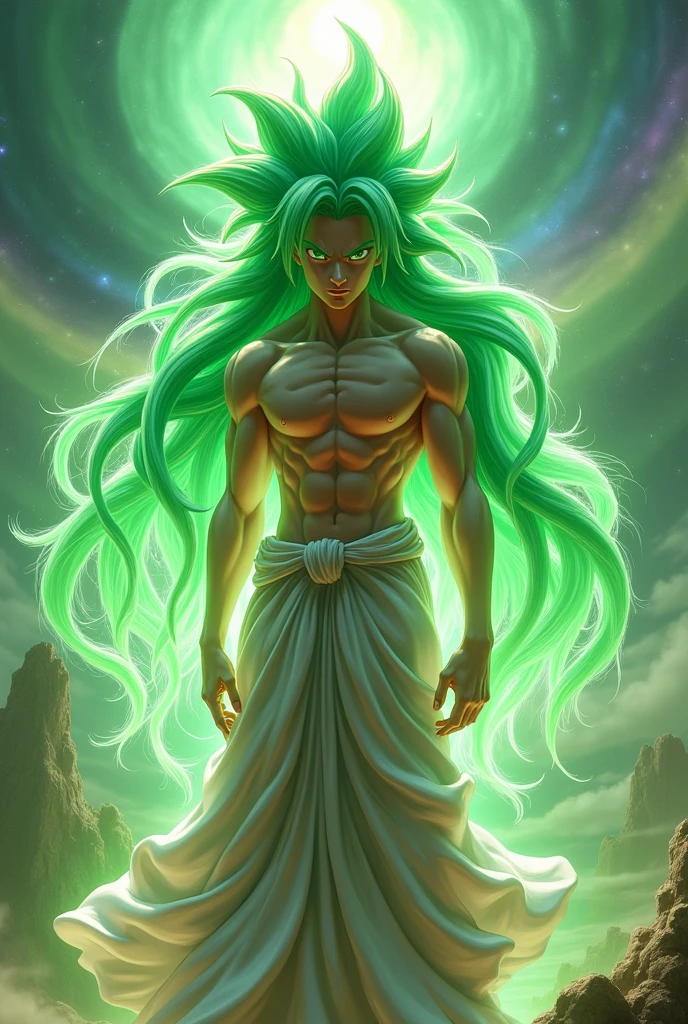 Generate an image of Goku phase 100 that has green hair and long hair female version