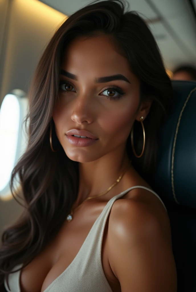 Young brunette with long straight hair sexy latina brown eyes on the plane 