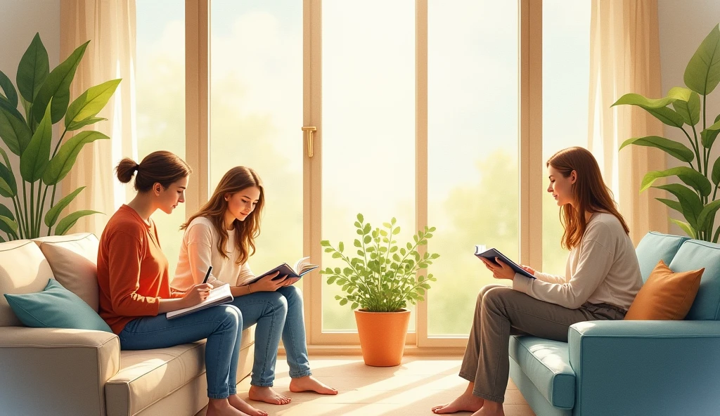 Watercolor art people reading studying, doing therapy sitting on a sofa and the psychologist listening, windows image background