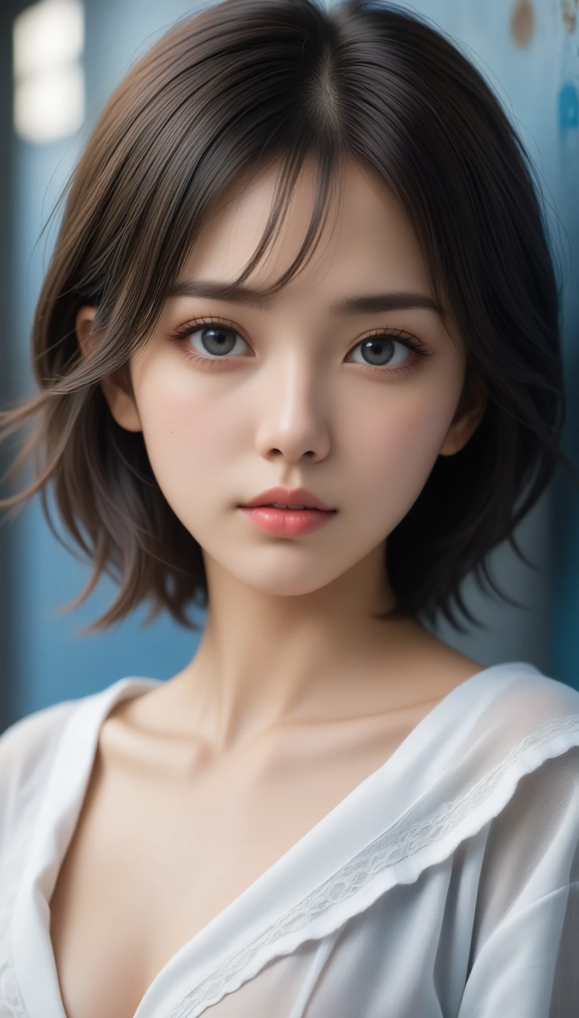 8k, Ultra-high resolution, Highest quality, masterpiece, 三分割法によるphotograph,Surreal, photograph, 1 , (:1.3), cute, cute顔, 細部までBeautiful Eyes, 細かくdetailedに,masterpiece,One Girl:1.2,Japanese women,student,cowboy shot,glaring,Black short hair,messy hair,(Dirty uniform:1.3),Leaning against the wire mesh,Glare,Blue Collar,Factory wall,(Beautiful attention to detail),Subtle details, detailedな顔,anger,Attractive eyes,(ポートレートphotograph:1.4),(Photorealistic images:1.4),Fantasy art,(Beautiful Face:1.4),美しくAttractive eyes、Beautiful Eyes、Grayscale 16Bits,(Tight waist:1.4)、(Beautiful with perfect body proportions:1.4),Pink Lips,Looking at the audience,(((Ideal body type))),A-cup small breasts :2,、Portraiture:2、Perfect Anatomy、鮮明なdetailed、detailed,Fashion magazine cover,Thin lips,完璧でBeautiful Face ,完璧でcute顔, Skin with attention to detail, Perfect limbs、Narrow waist,Surreal,Light and shadow,backlighting