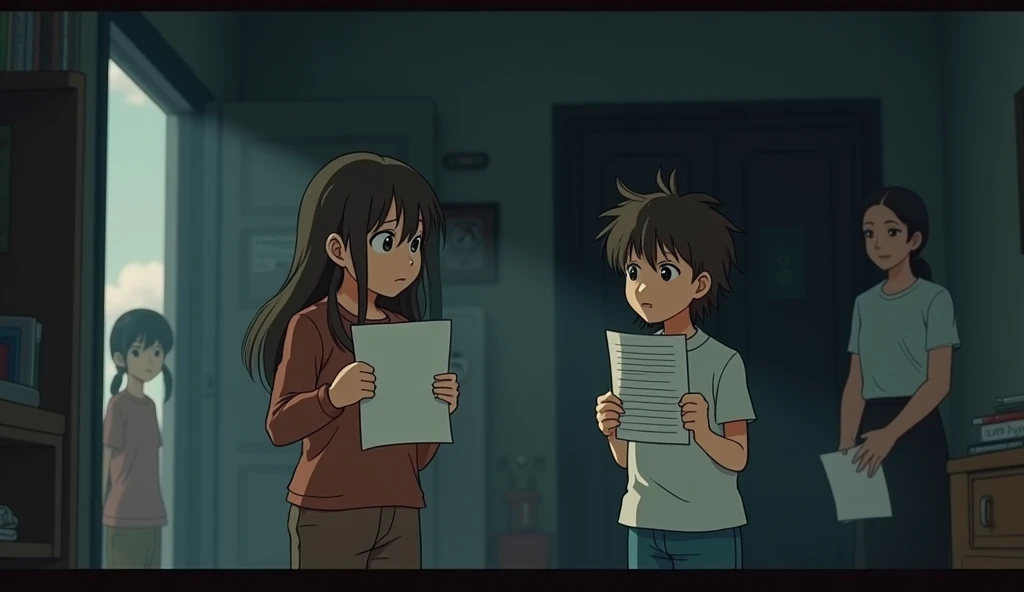 Create a somber scene in the style of Princess Mononoke, depicting Clara receiving a scholarship letter for college while her middle sibling looks on, holding a loan document. The environment should reflect the financial strain on the family, with the parents in the background, looking regretful but resigned. The mood should be one of quiet struggle and tension, with dim lighting and a muted color palette.