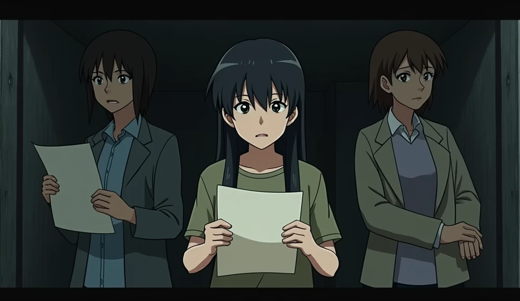 Create a somber scene in the style of Princess Mononoke, depicting Clara receiving a scholarship letter for college while her middle sibling looks on, holding a loan document. The environment should reflect the financial strain on the family, with the parents in the background, looking regretful but resigned. The mood should be one of quiet struggle and tension, with dim lighting and a muted color palette.