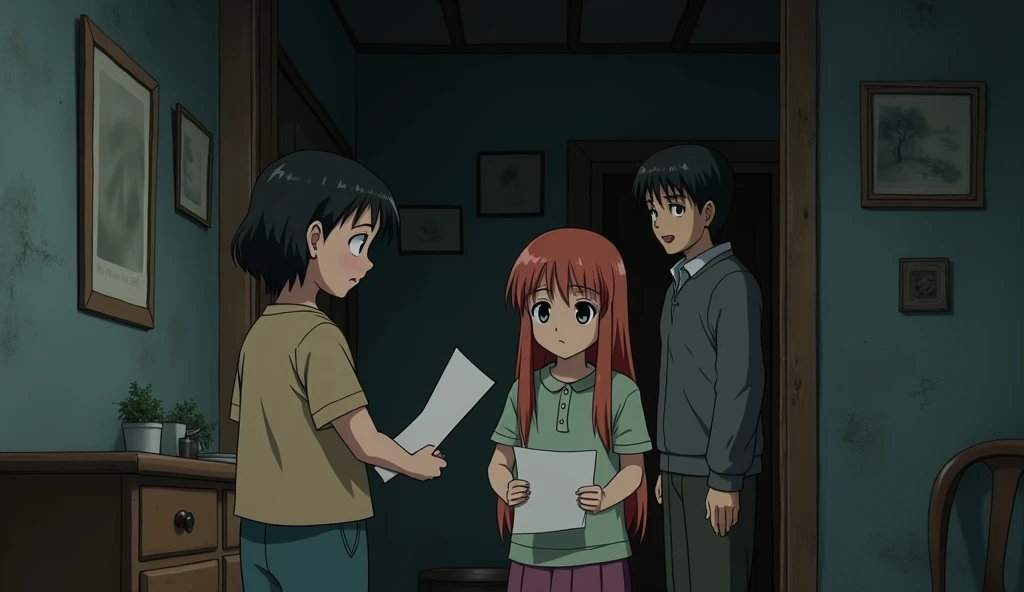 Create a somber scene in the style of Princess Mononoke, depicting Clara receiving a scholarship letter for college while her middle sibling looks on, holding a loan document. The environment should reflect the financial strain on the family, with the parents in the background, looking regretful but resigned. The mood should be one of quiet struggle and tension, with dim lighting and a muted color palette.