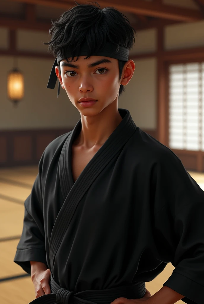 **Features for AI to generate a photo:**
(real-life)
featuring , cabelos pretos curtos featuring ondas , wearing a black Cobra Kai kimono and a black headband. he's brunette, featuring traços brasileiros, has a small scar on his eyebrow and brown eyes. The background is a karate environment, featuringo um dojo featuring tatames e decoração tradicional.