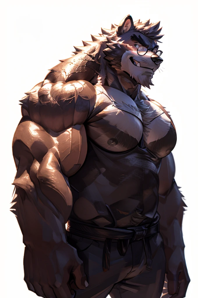 1boy, 1man, solo, a ( kumatetsu) standing, (face, detailed face, glasses), white background , front view, massive muscular , sixpack, (white tanktop and black pants). ((thick arms, huge pec, huge arms)), wide smiling. Add textures and details to make the image more realistic, such as the appearance of the. Make sure the resulting image is high resolution, 8K quality