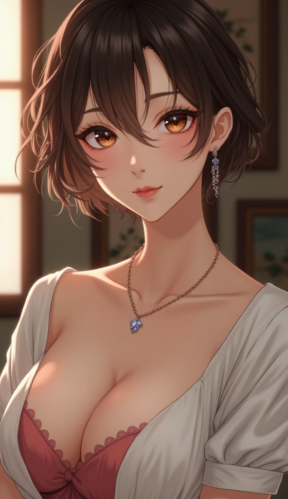 Highest quality, Very detailed, masterpiece, 1 person,Japanese women,(((Perfect female body))),Very beautiful face, Very beautiful body,Gentle expression, Very beautiful eyes,(Perfect Makeup:1.1),Big Breasts,40s、short hair、Brown Hair:1.3, Big Breasts、Soft-looking body、Black dress、Simple Necklace,anklet,A kind smile,Full body portrait,(Indoor Background:1.3), (Glowing Skin),(Earrings),Short sleeve