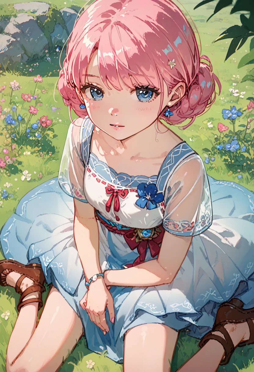 anime cloth capture, best qualityer, 8k hd, anime girl, {{smallboobs}}, pink hair blue eyes, wearing awhite dress, sitting on the grass