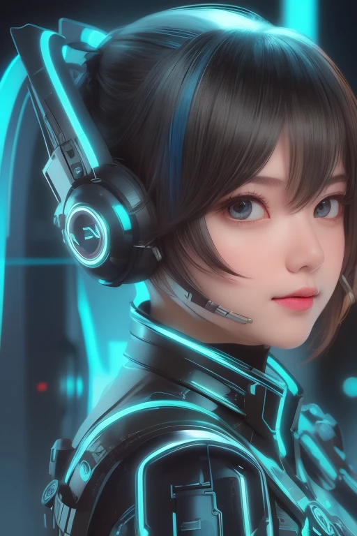 Top Quality, Masterpiece, Ultra High Resolution, (Photorealistic: 1.4), Raw Photo, 1 Girl, Black Hair, Glossy Skin, 1 Mechanical Girl, (((Ultra Realistic Details)), Portrait, Global Illumination, Shadows, Octane Rendering, 8K, Ultra Sharp, Intricate Ornaments Details, realistic skin, sweat effect, ((wearing Headphone)), very intricate detail, realistic light, CGSoation trend, brown eyes, glowing eyes, matte black and neon blue mechanical bodysuit, Long hair, black hair, Ponytail hair, full body shot, spaceship bridge background, dynamic pose, cute smile, close up,