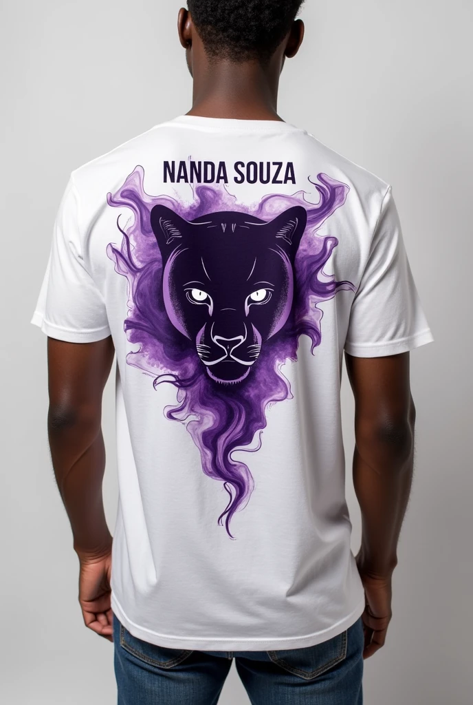 **Back of the Shirt:**
- Cor: White - Details: Continue with the purple smoke theme, that can spread to the sides.
- Size 24 Large, with a design that imitates a panther's tear.
- Name: Above the numbering, put Nanda Souza in a font that complements the design, also in purple