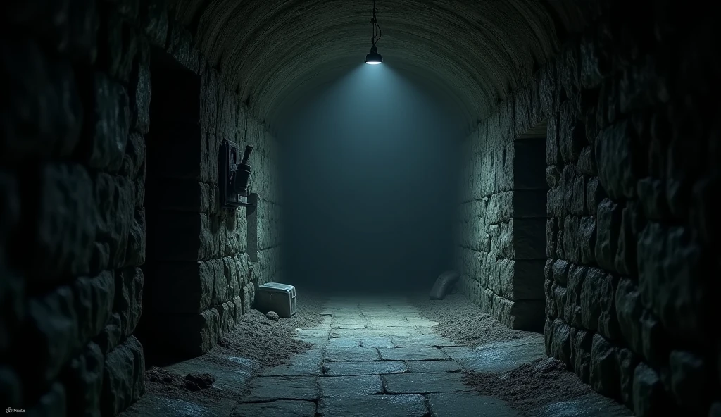 Im Stil von 3D-Animationmsfilmen. An ordinary cellar, dark and without windows.