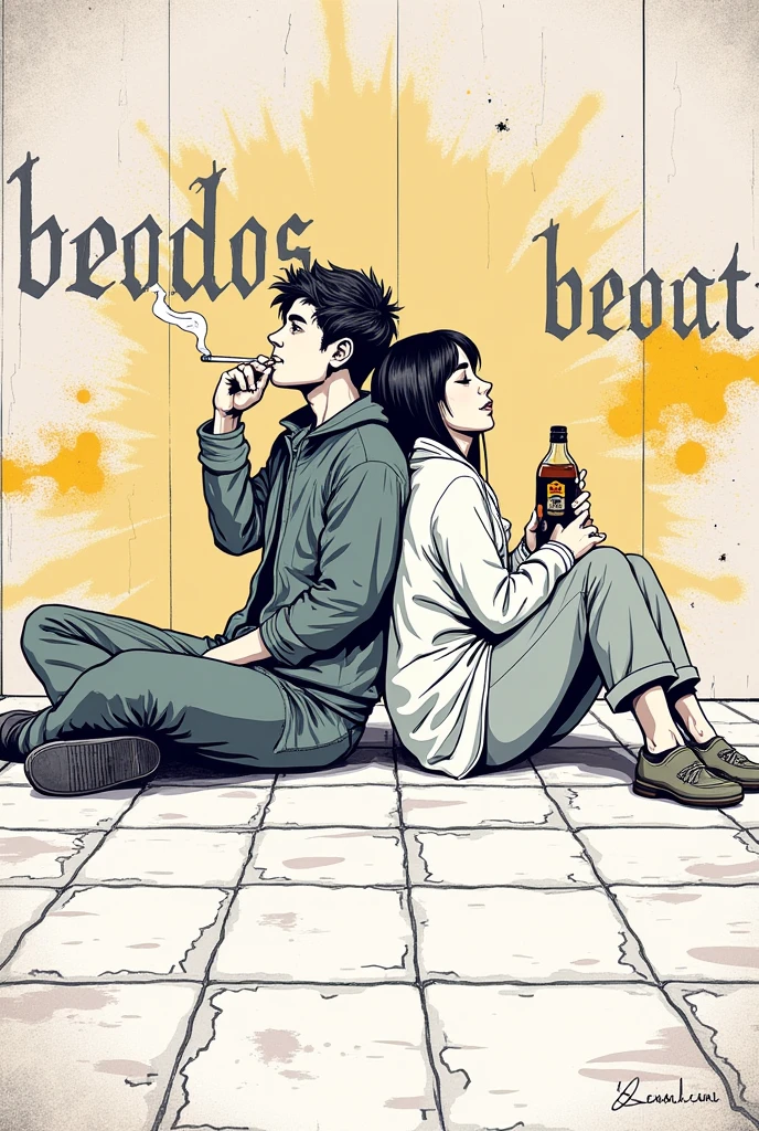 Generate realistic style image of a happy man sitting on the floor smoking a cigarette, Happy woman sitting on the floor drinking a bottle of whiskey, back to back, graffiti text "BEODOS"