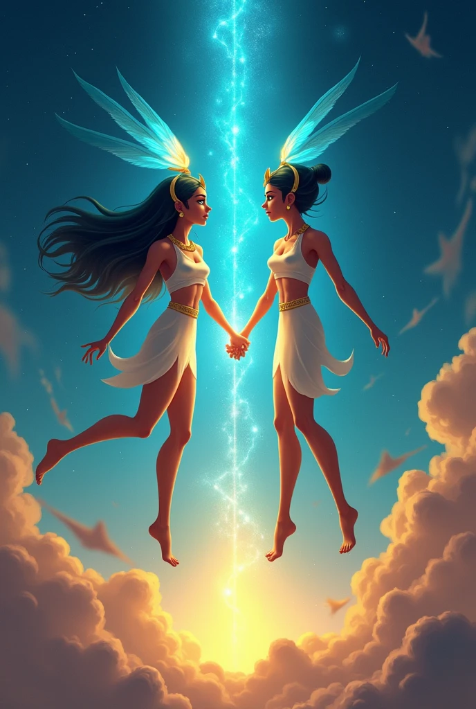 "The image of Shu and Tefnut, gods of air and moisture, emerging from Atum's divine semen, floating in the air with serene expressions and visible connection between them, in cartoon photorealistic style."
