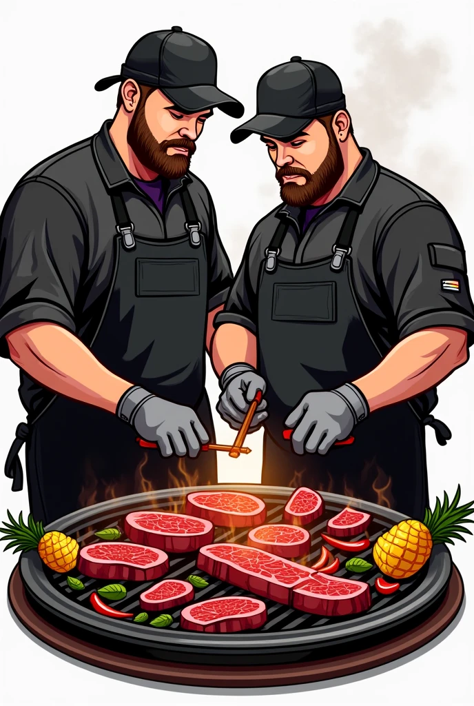 Create a professional logo , with a barbecue theme on the grill , special cuts of meat , two people , de avental preto , gloves and caps , two brothers in drawing , one of the two chubby brothers , a little less realistic , feed the barbecue , and put pineapple and peppers