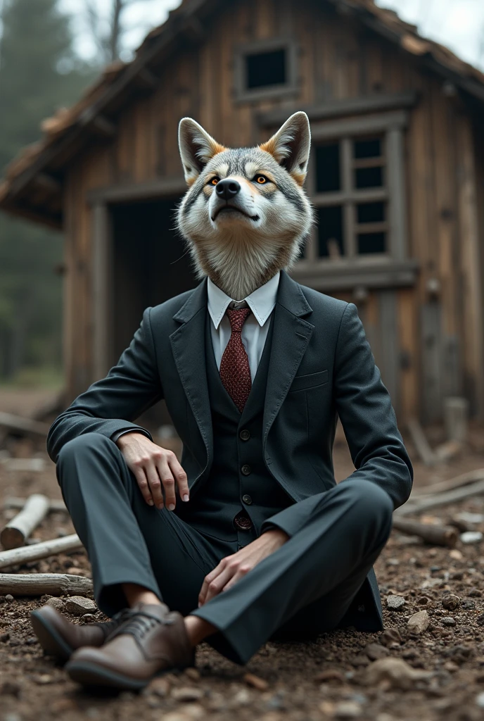 A well dressed jovial slender adult wolf outside crying sad expression sitting after knocking down a wooden house