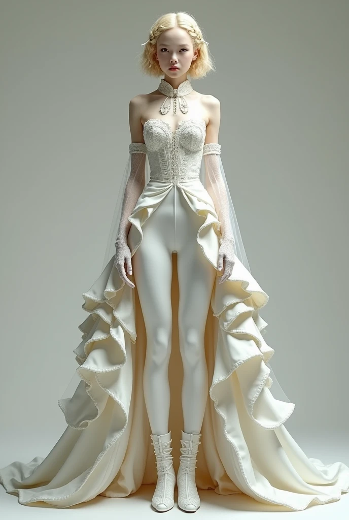 Young man, androgynous in appearance: Her skin is white and her hair is short, wavy, layered blonde., On top they hold some blonde braids, The groom's veil in layers of tulle Wear an outfit that fuses a dress with very tight white dress pants.
The pants are completed with a layered groom's dress train that starts at the waist with lots of elegant tulle and diamonds..
The top of the dress is complete from waist to neck., imperial collar with jabot ruffles, sleeveless, non-transparent decorated with sewn diamonds and lace on the front.
The ensemble is complemented by a layered bridal veil., long, guantes de encaje a los codos y botas long con listones