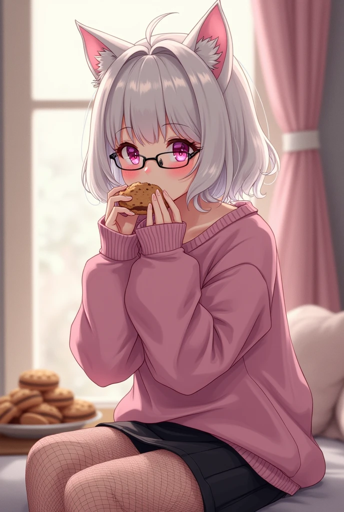 that she has a shy face that she has white hair, cat ears, black glasses, pink eyes, a super blushed pink sweatshirt, a low skirt, black shorts, black mesh stockings that she is a super reserved girl sitting eating cookies