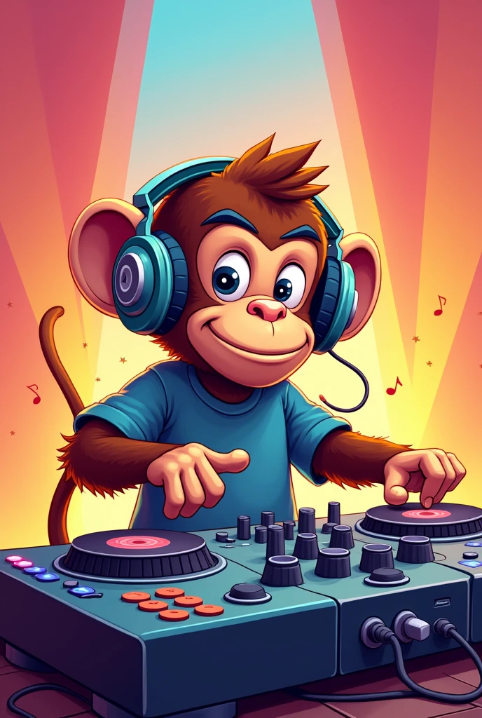 a 2d monkey with headphones and a DJ mixing table card
