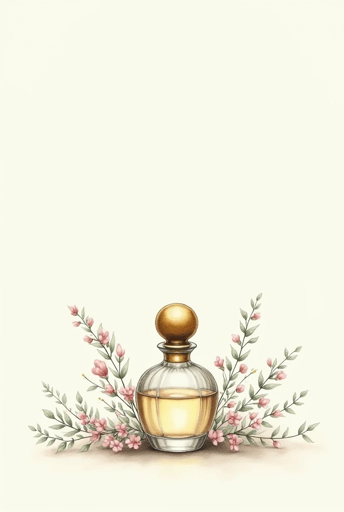 A painting with an old perfume bottle. dainty, pencil draw. vintage frasco, with small branches of flowers. Delicate watercolor painting only on the golden lid